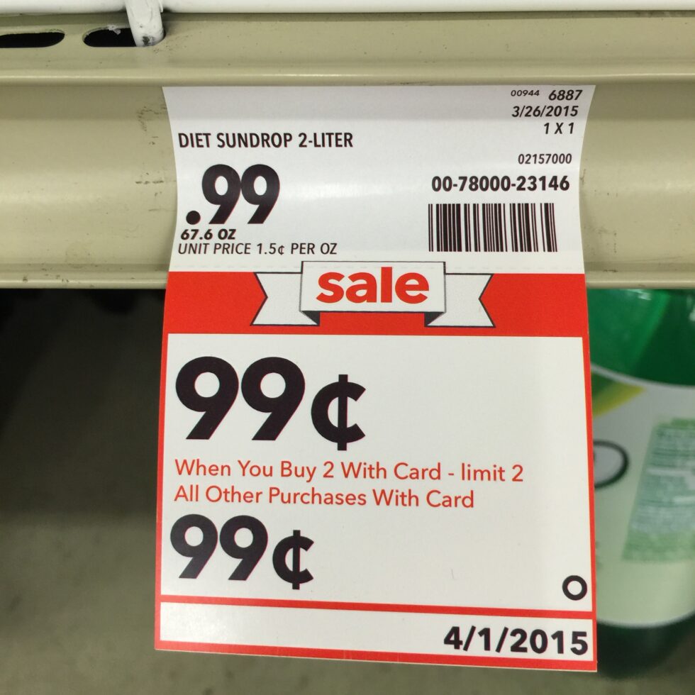 Sale tag in grocery store with same price but limit two!