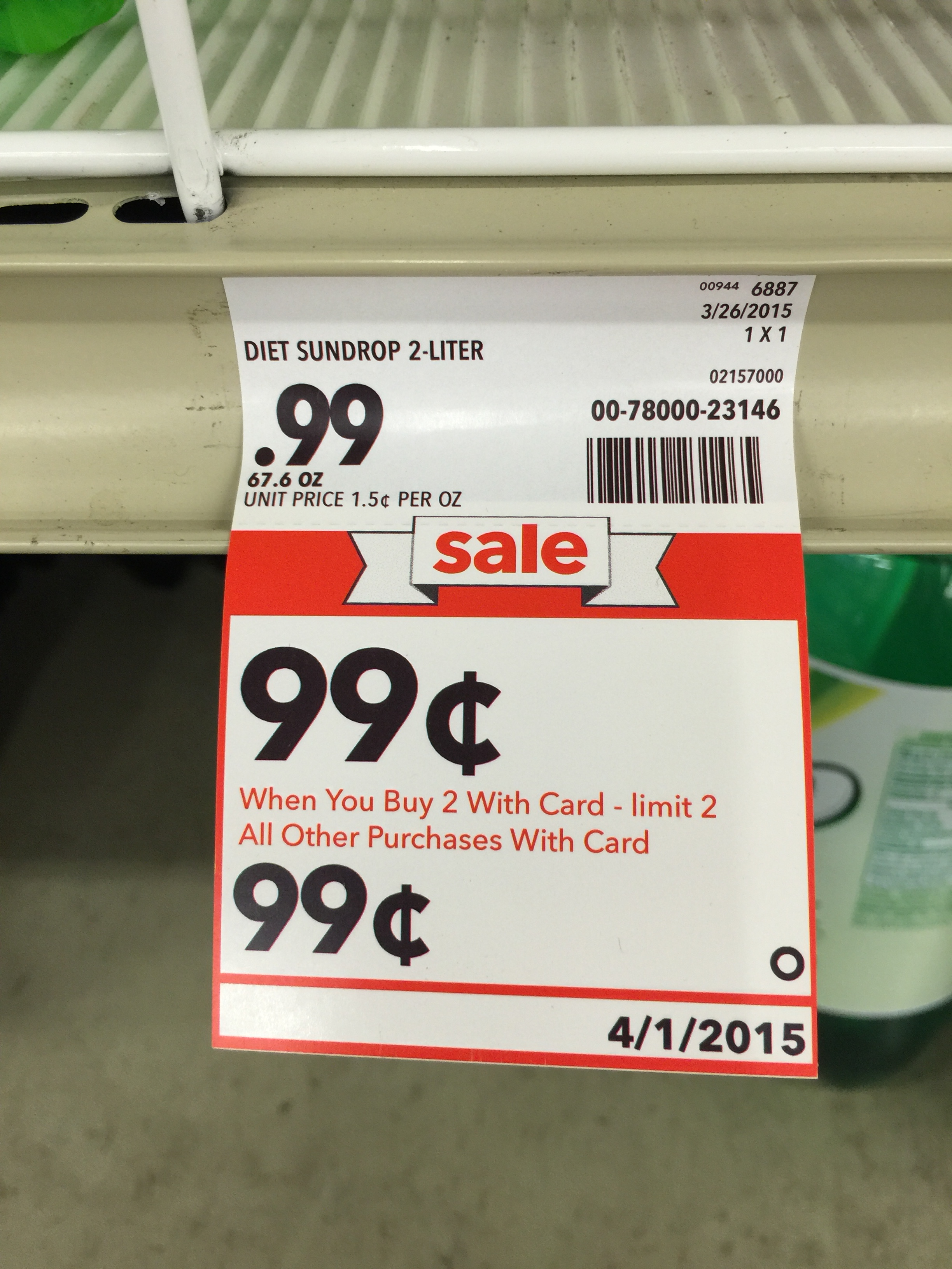 Sale tag in grocery store with same price but limit two!